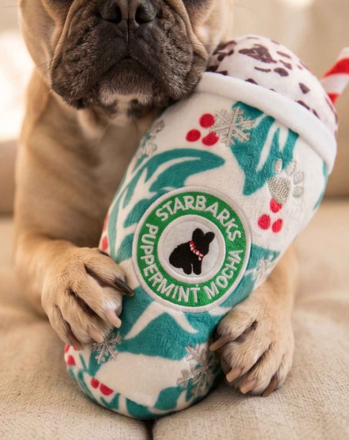 Haute Diggity Dog Starbarks Puppermint Mocha Holly Print Cup Plush Dog Toy