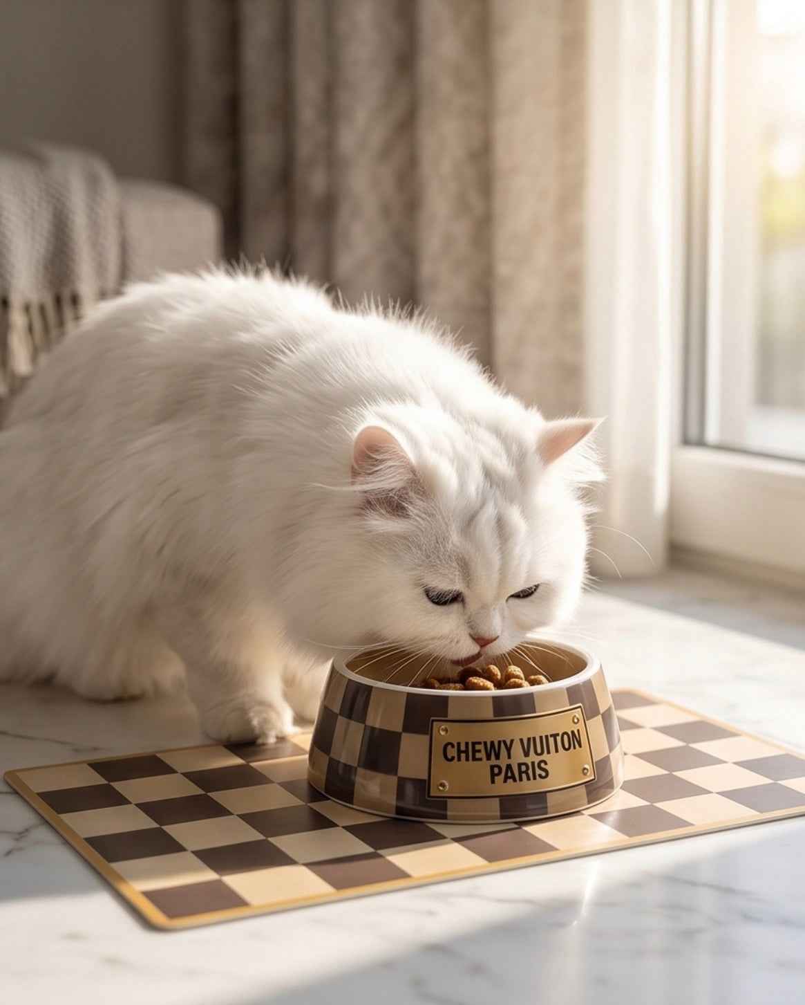 Haute Diggity Dog Tan Checker Chewy Vuiton Bowl & Placemat Bundle