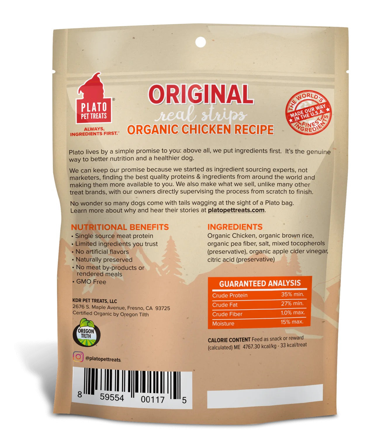 Plato Original Real Strips Organic Chicken Dog Treats (6oz) - HT Animal Supply
