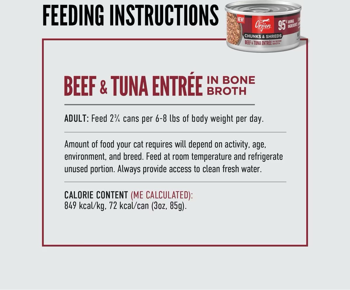 Orijen Grain Free Chunks & Shreds Beef & Tuna Wet Cat Food (3oz)