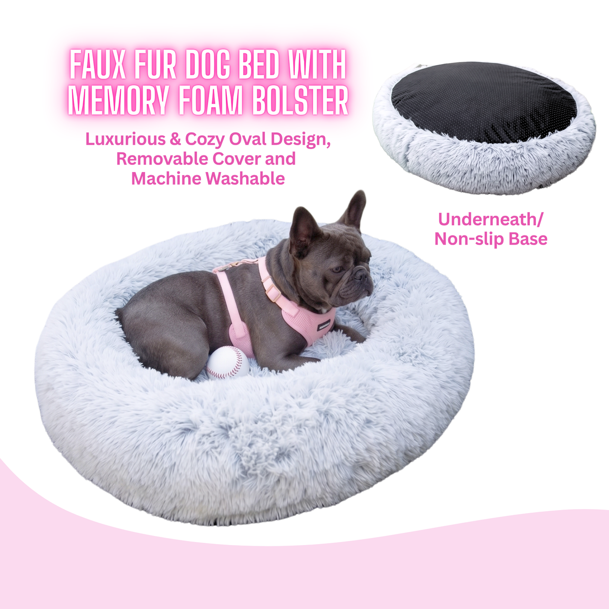 Glow Pups: Light Grey Faux Fur Memory Foam Bolster Dog Bed