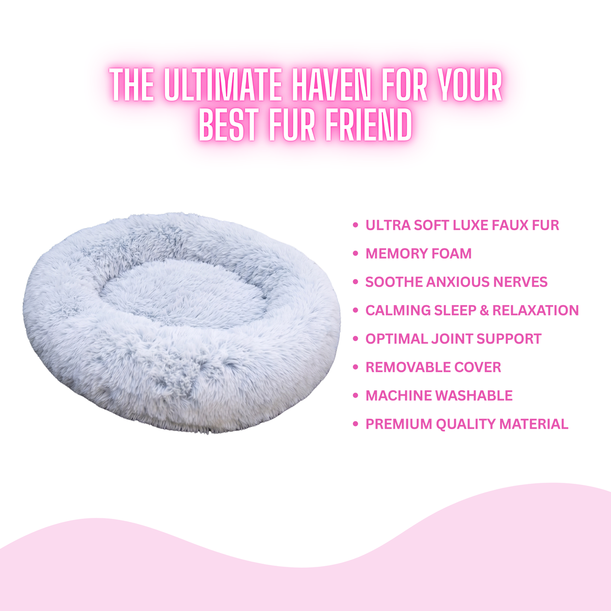 Glow Pups: Light Grey Faux Fur Memory Foam Bolster Dog Bed