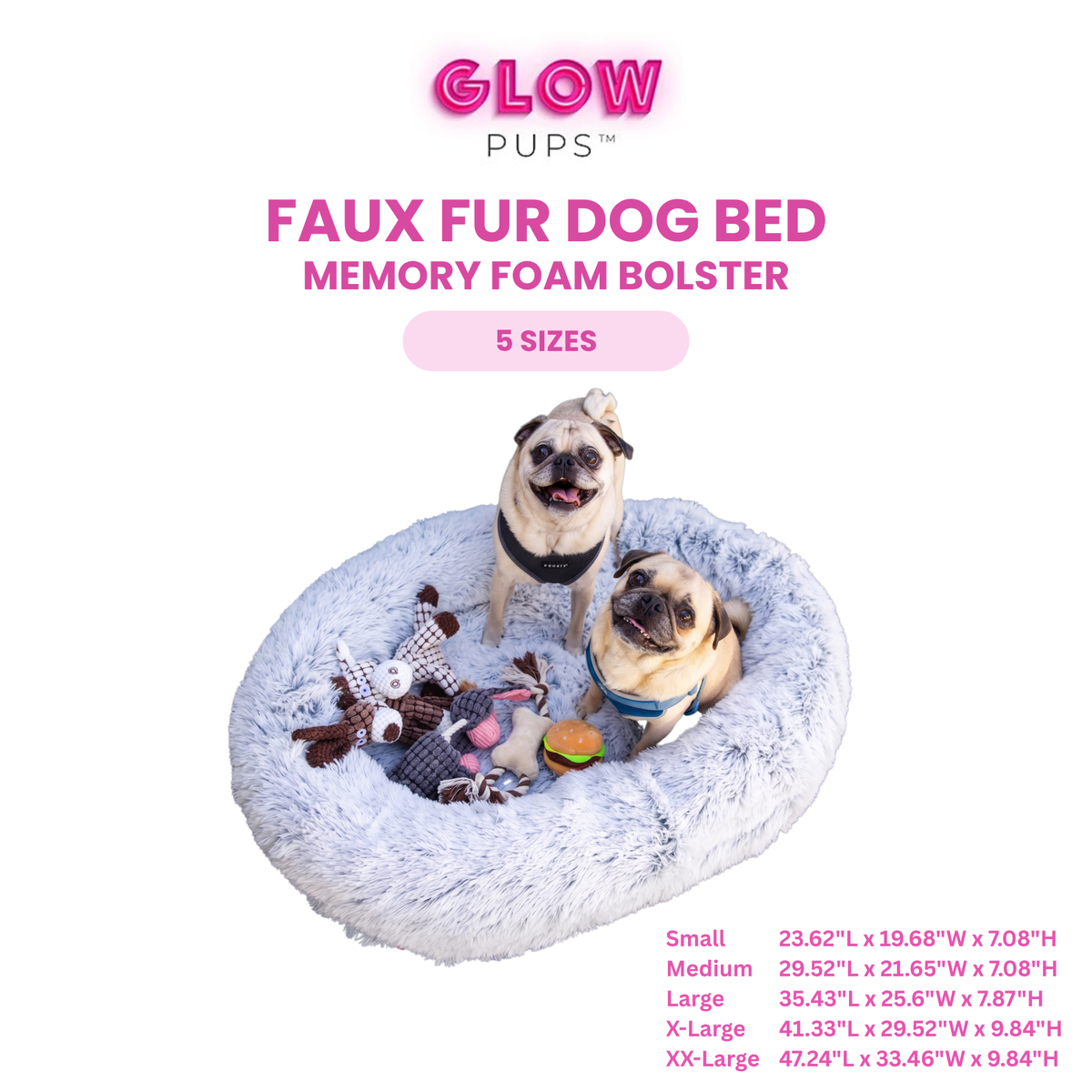 Glow Pups: Light Grey Faux Fur Memory Foam Bolster Dog Bed