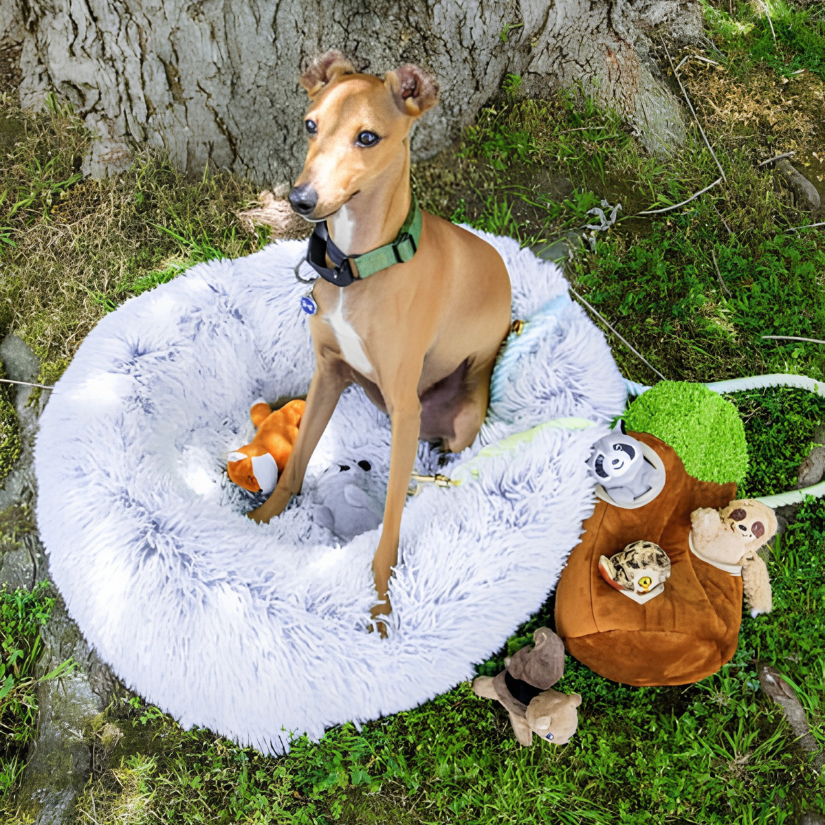 Glow Pups: Light Grey Faux Fur Memory Foam Bolster Dog Bed