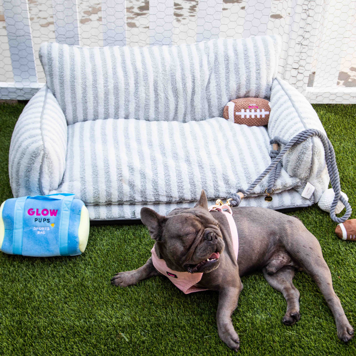 Glow Pups: Grey and White Striped Sofa Dog Bed