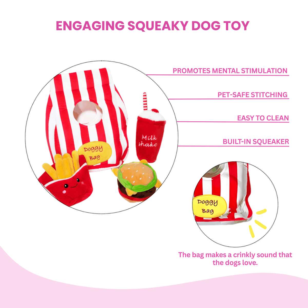 Glow Pups: Doggy Bag Fast Food Squeaky Plush Dog Toy Set