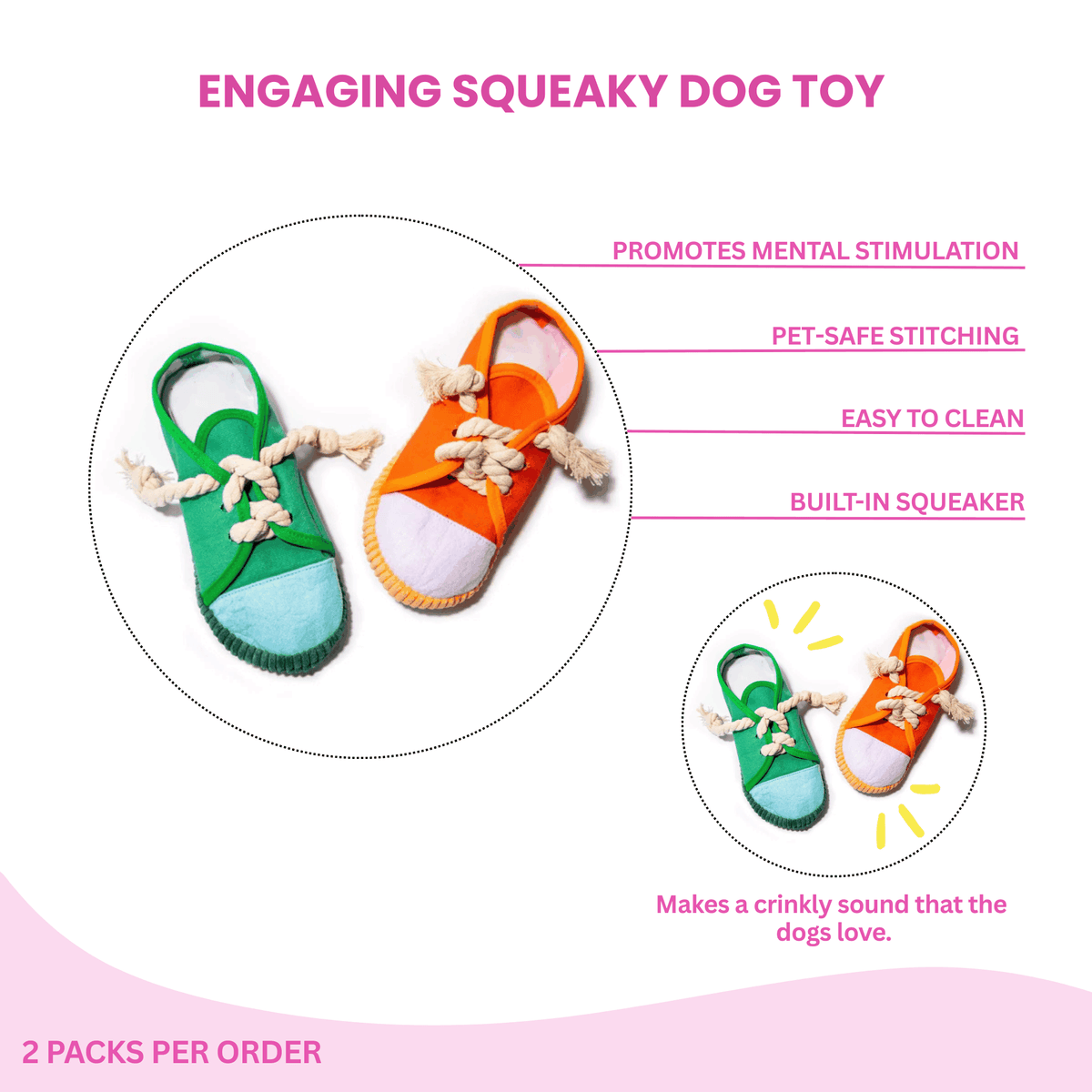 Glow Pups: Lace-Up Fabric Squeaky Dog Toys - 2 Pack