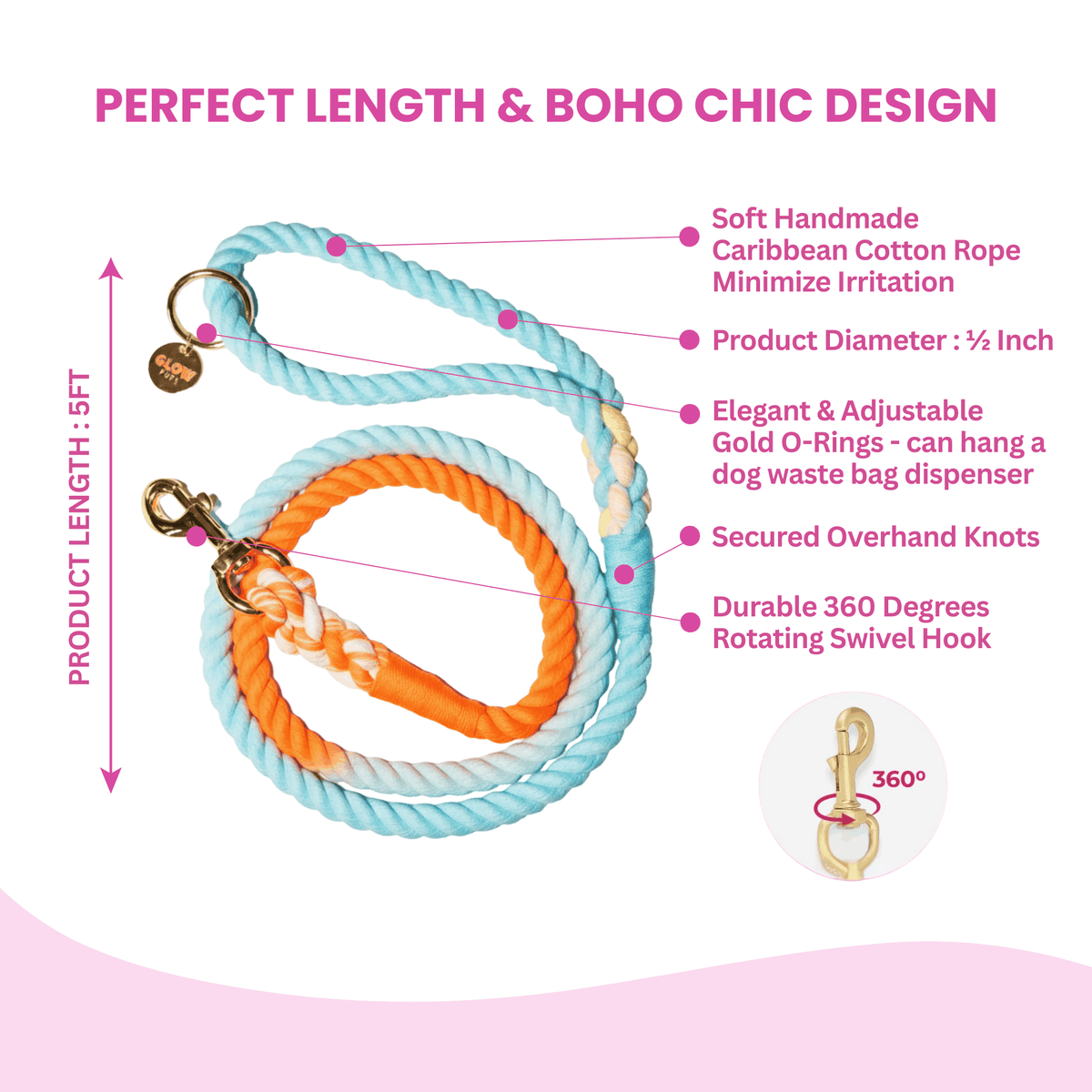 Glow Pups: Sunset Wave Orange and Blue Tie Dye Dog Leash