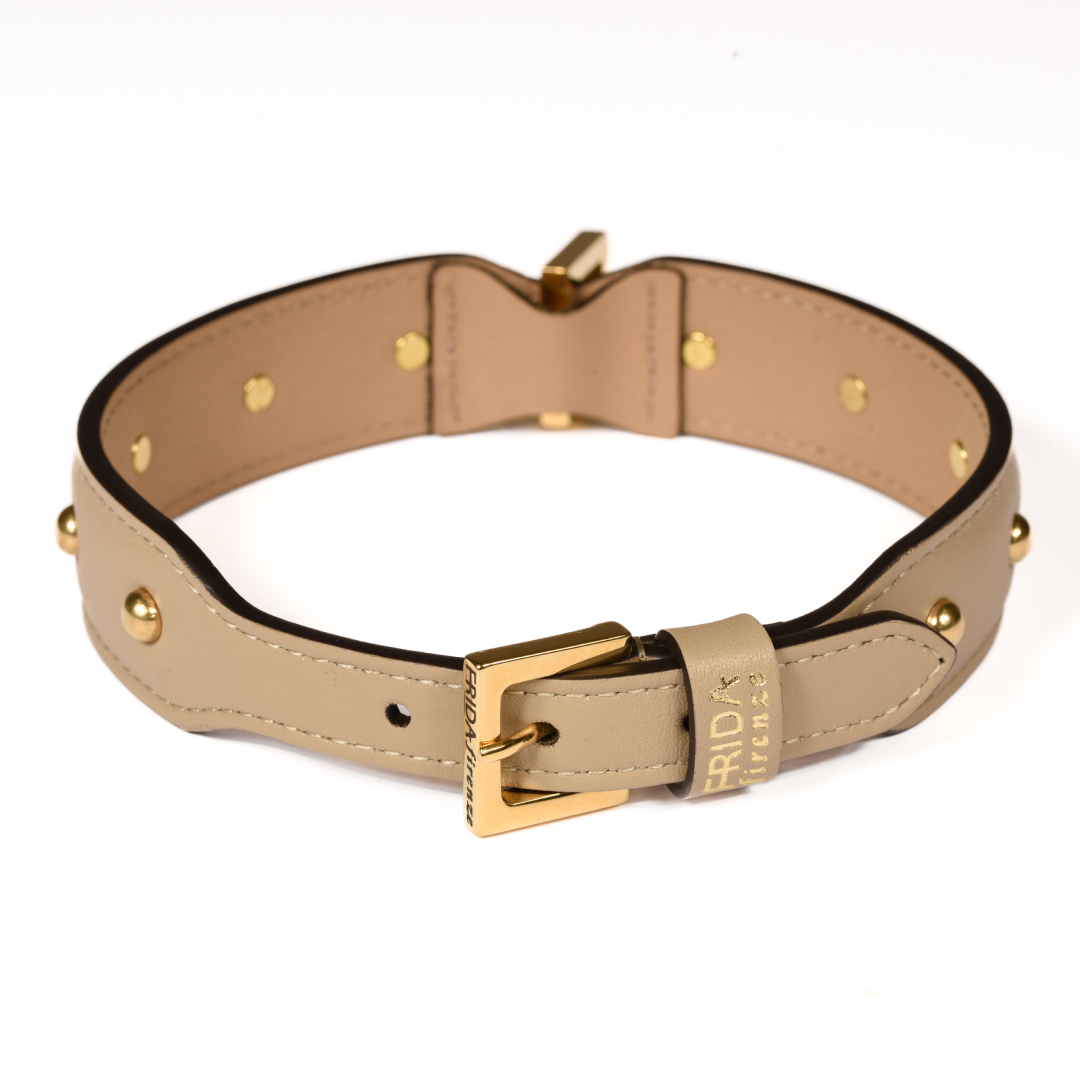 Leather Dog Collar in Mud - Sphere, Made in Italy