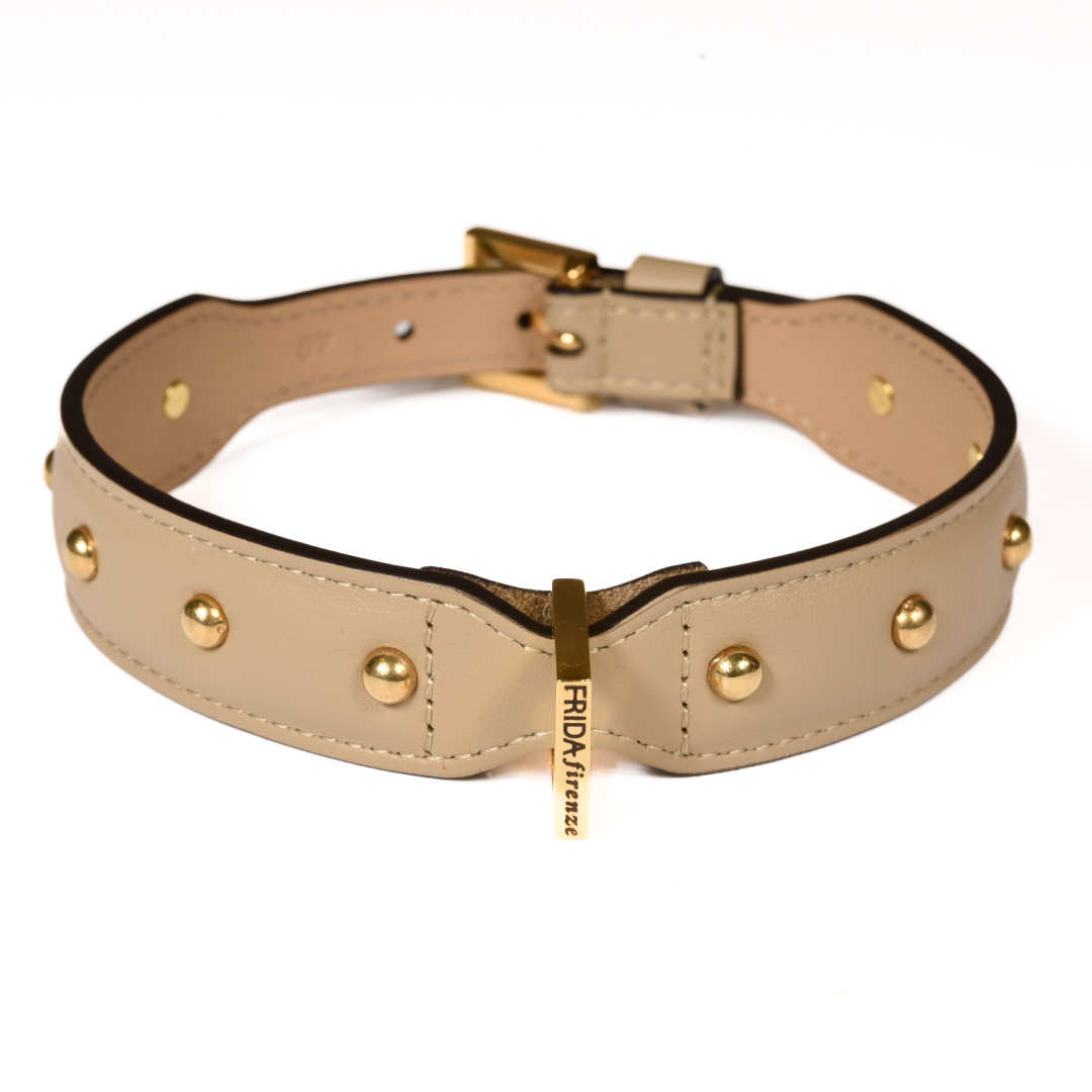 Leather Dog Collar in Mud - Sphere, Made in Italy