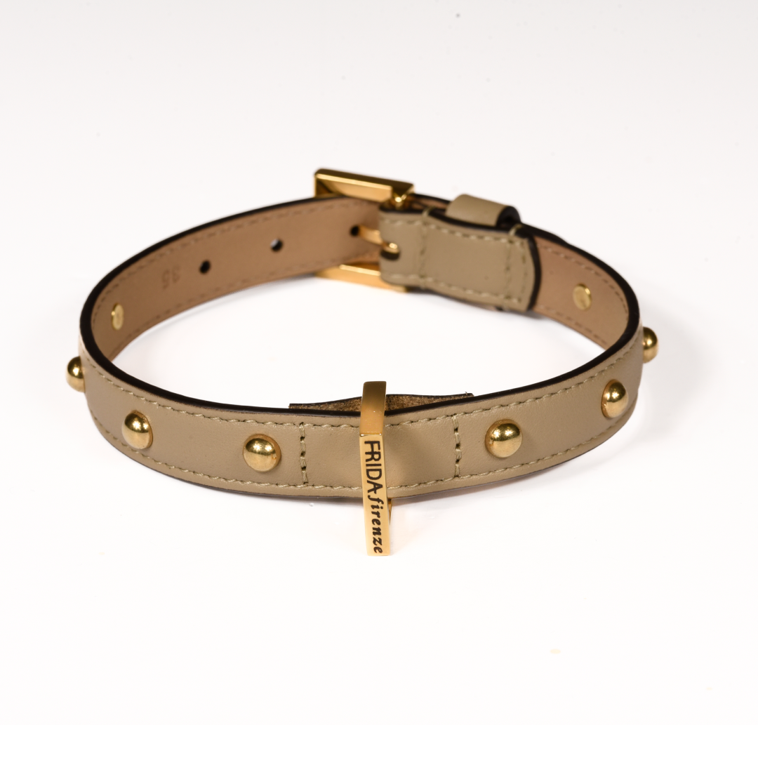Leather Dog Collar in Mud - Sphere, Made in Italy