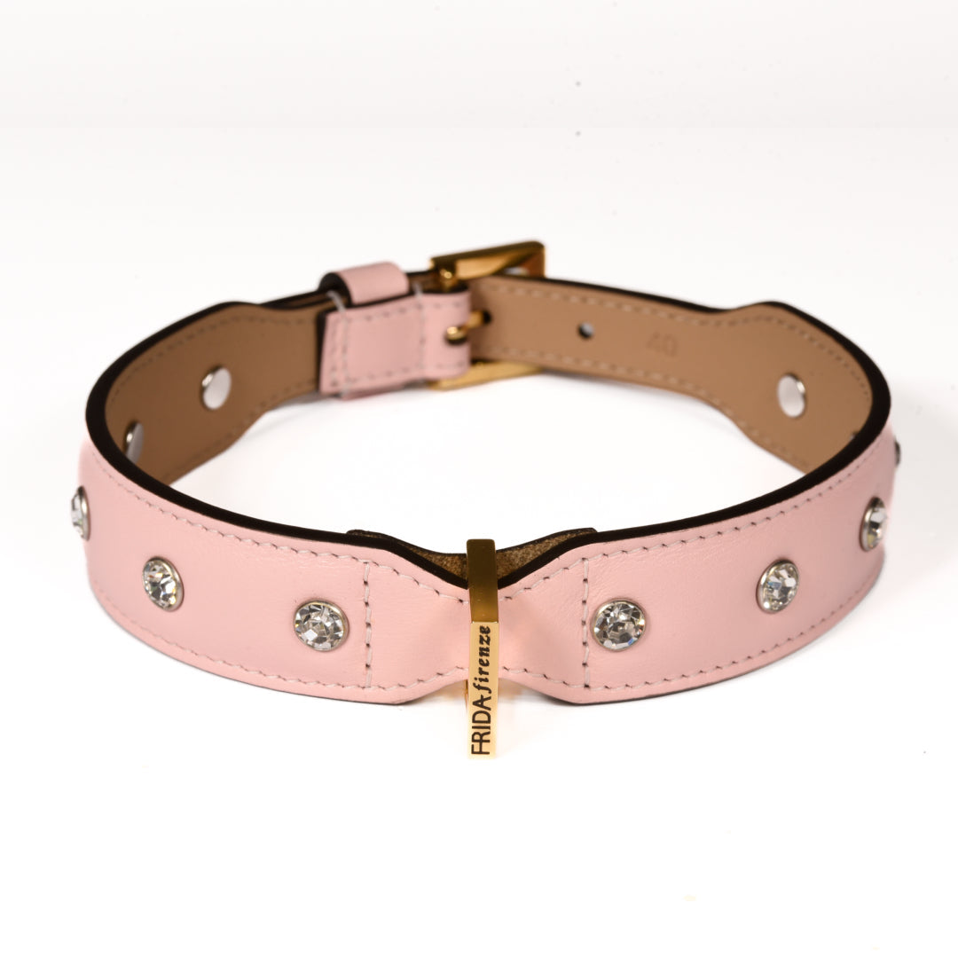 Leather Dog Collar in Pink - Swarovski, Made in Italy