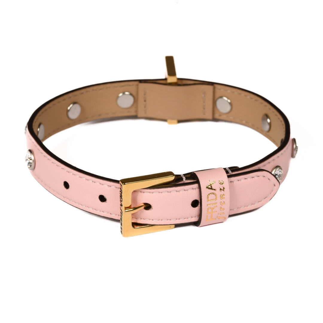 Leather Dog Collar in Pink - Swarovski, Made in Italy