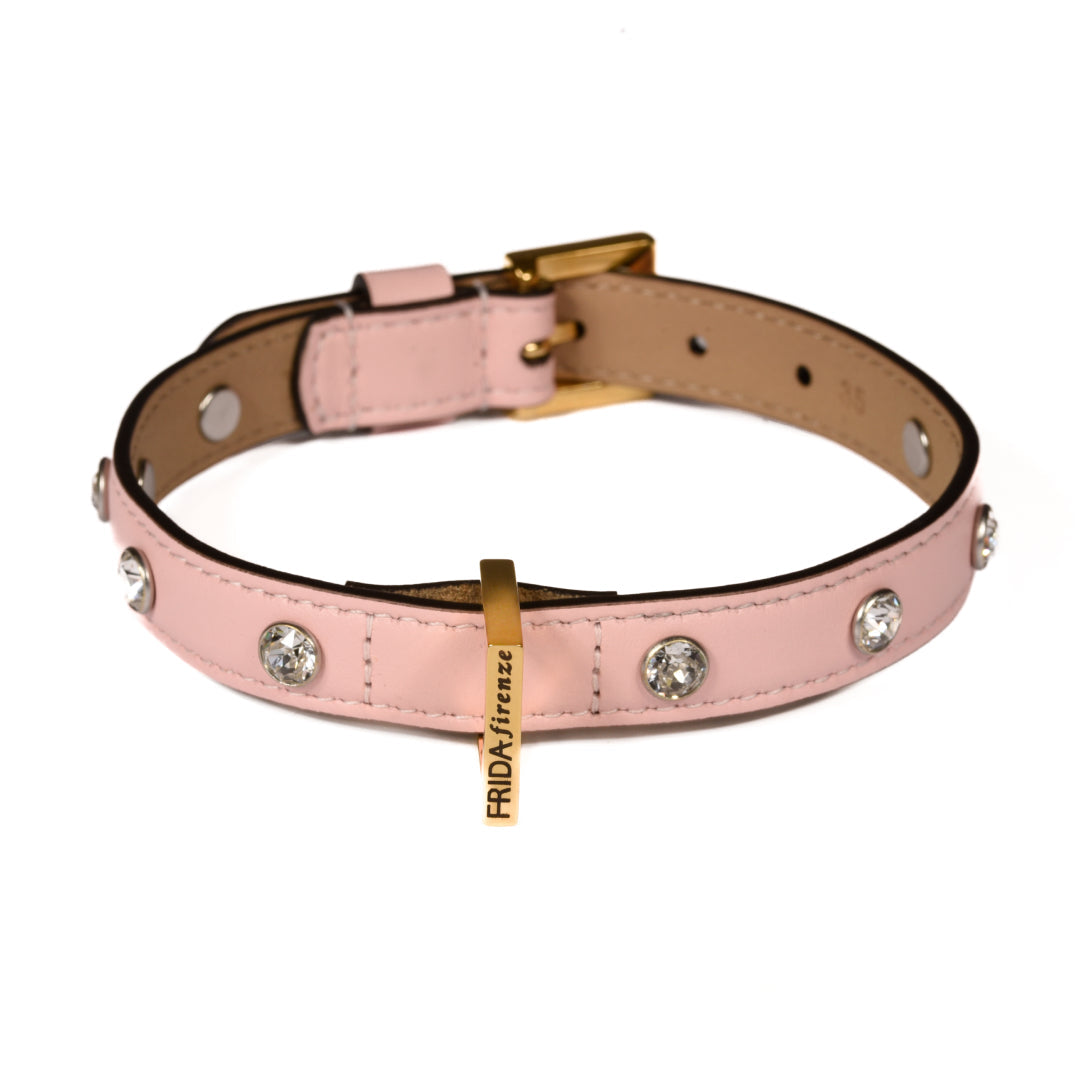 Leather Dog Collar in Pink - Swarovski, Made in Italy