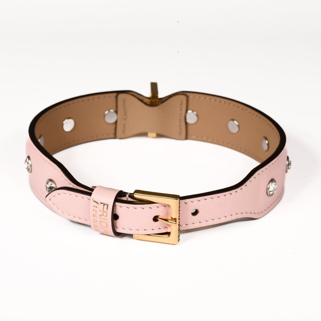 Leather Dog Collar in Pink - Swarovski, Made in Italy