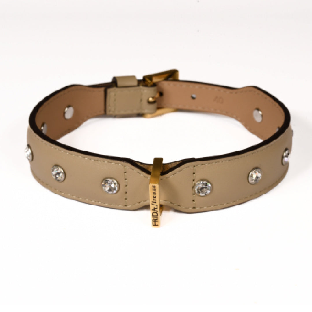 Leather Dog Collar in Mud - Swarovski, Made in Italy