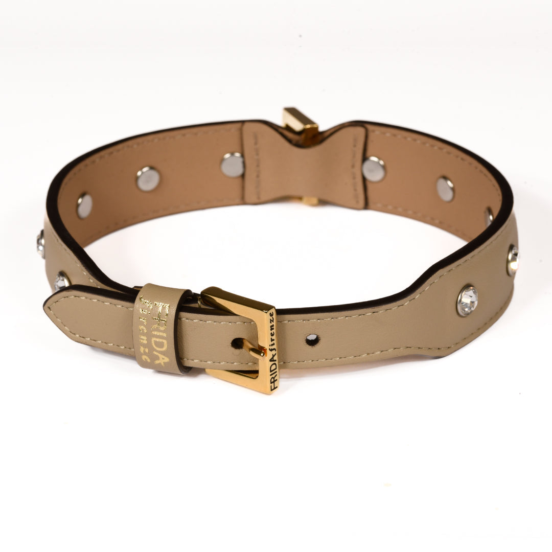 Leather Dog Collar in Mud - Swarovski, Made in Italy