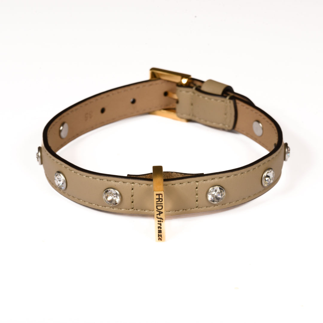Leather Dog Collar in Mud - Swarovski, Made in Italy