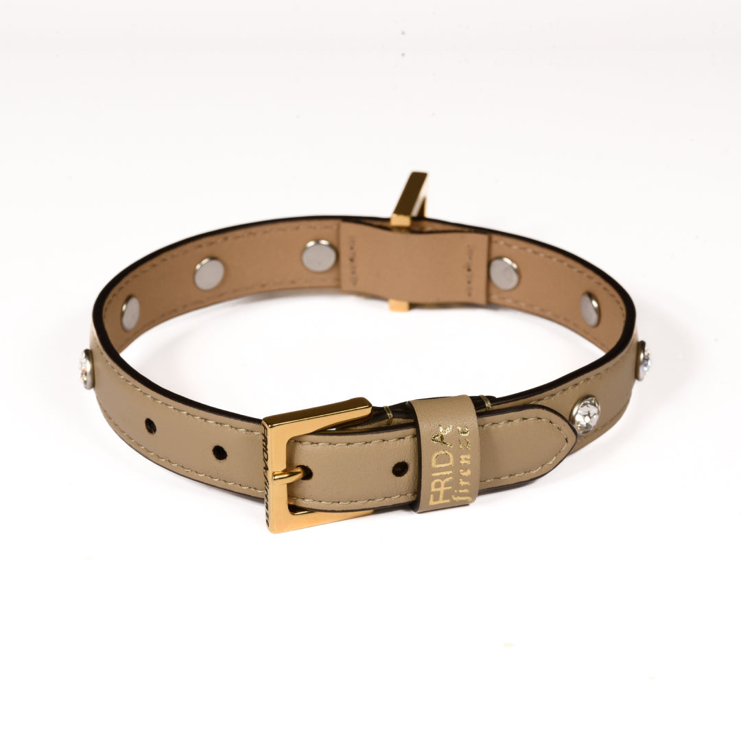 Leather Dog Collar in Mud - Swarovski, Made in Italy