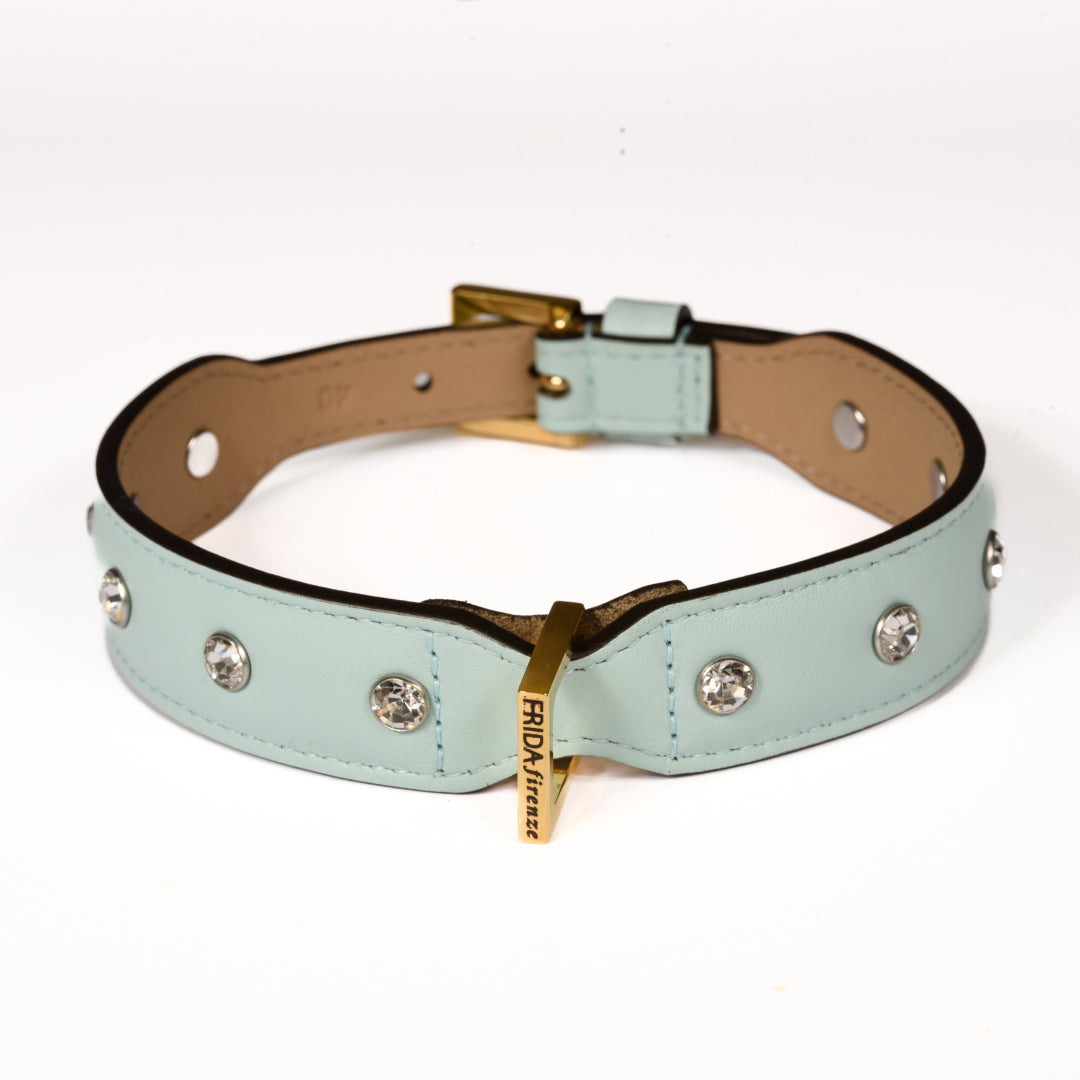 Leather Dog Collar in Cloud - Swarovski, Made in Italy