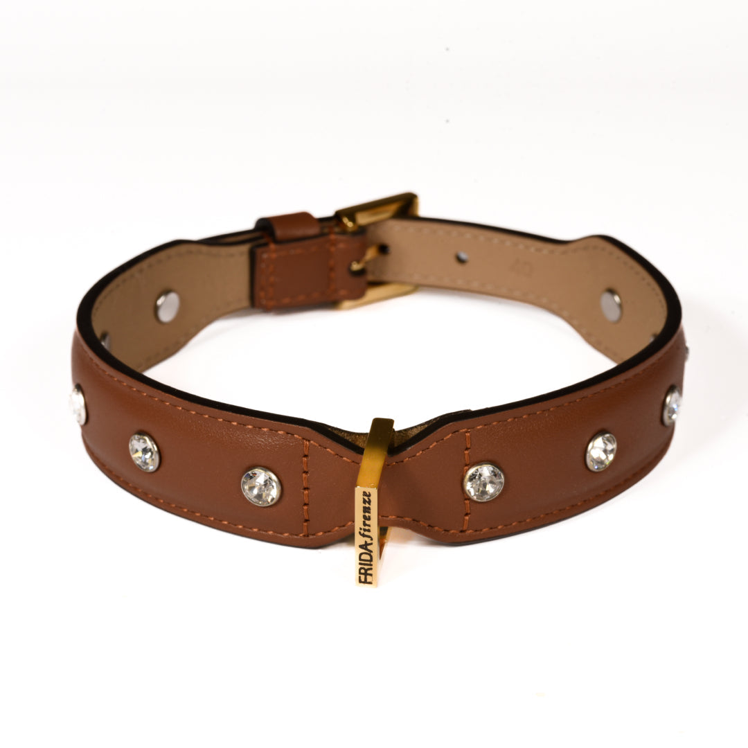 Leather Dog Collar in Brown - Swarovski, Made in Italy