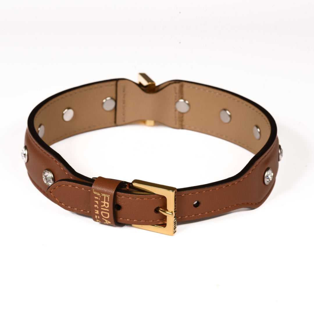 Leather Dog Collar in Brown - Swarovski, Made in Italy