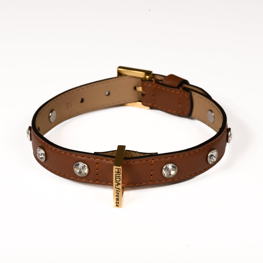 Leather Dog Collar in Brown - Swarovski, Made in Italy