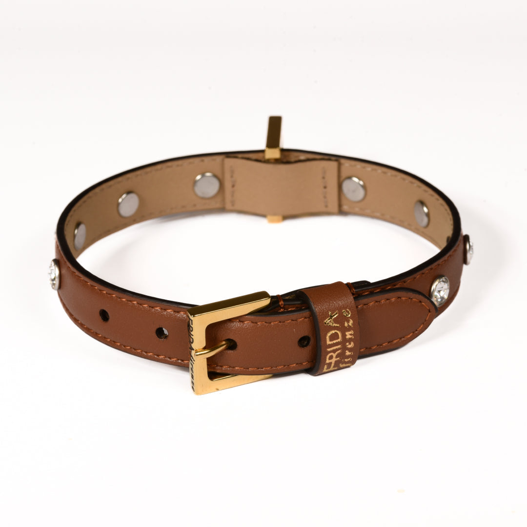 Leather Dog Collar in Brown - Swarovski, Made in Italy