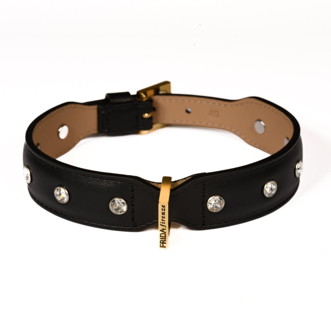 Leather Dog Collar in Black - Swarovski, Made in Italy