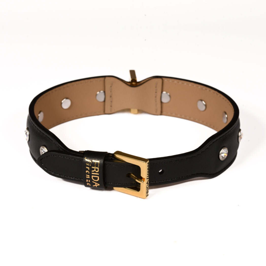 Leather Dog Collar in Black - Swarovski, Made in Italy