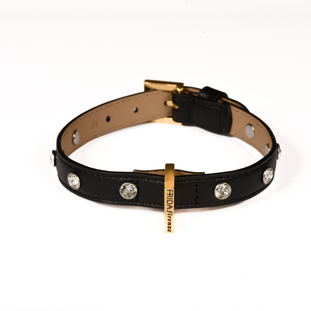 Leather Dog Collar in Black - Swarovski, Made in Italy