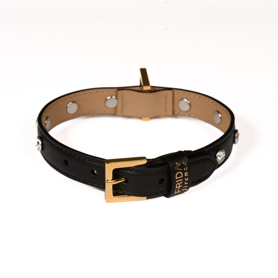 Leather Dog Collar in Black - Swarovski, Made in Italy
