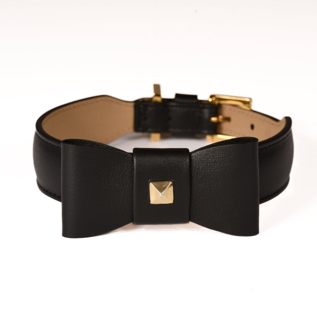 Leather Dog Collar in Black - Rock Bow, Made in Italy