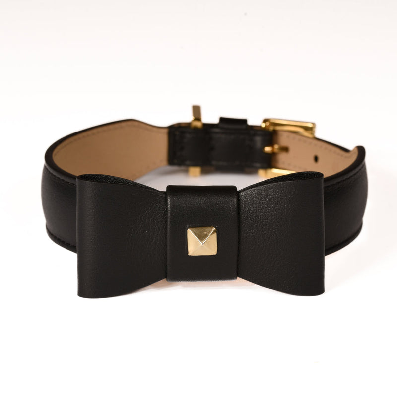 Leather Dog Collar in Black - Rock Bow, Made in Italy