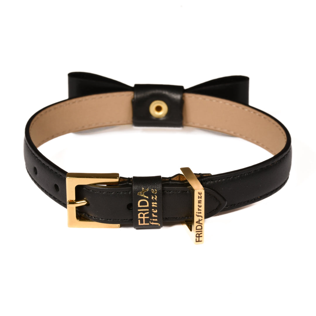 Leather Dog Collar in Black - Rock Bow, Made in Italy