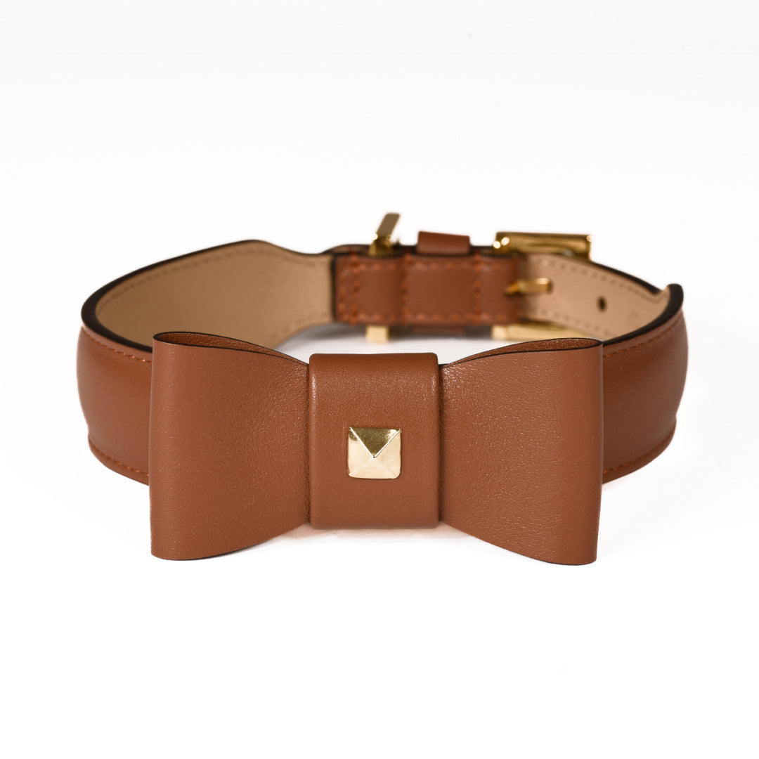 Leather Dog Collar in Brown - Rock Bow, Made in Italy