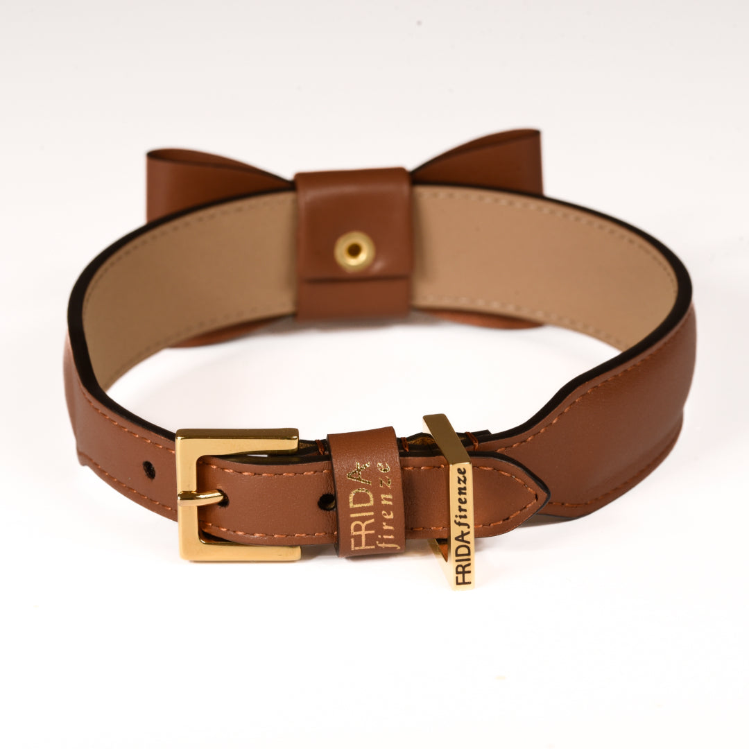 Leather Dog Collar in Brown - Rock Bow, Made in Italy