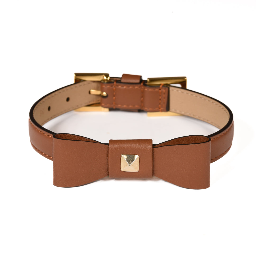 Leather Dog Collar in Brown - Rock Bow, Made in Italy