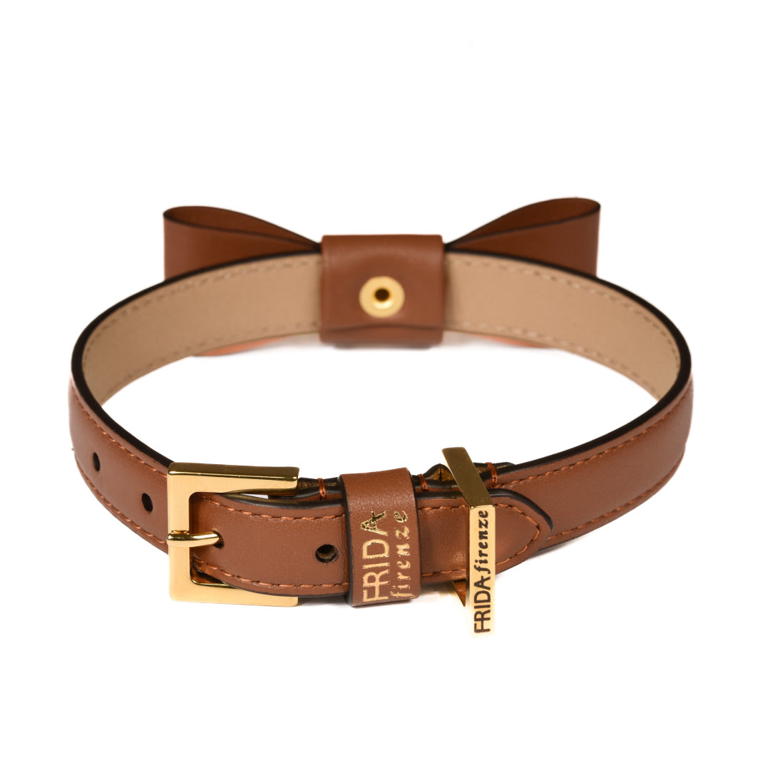 Leather Dog Collar in Brown - Rock Bow, Made in Italy