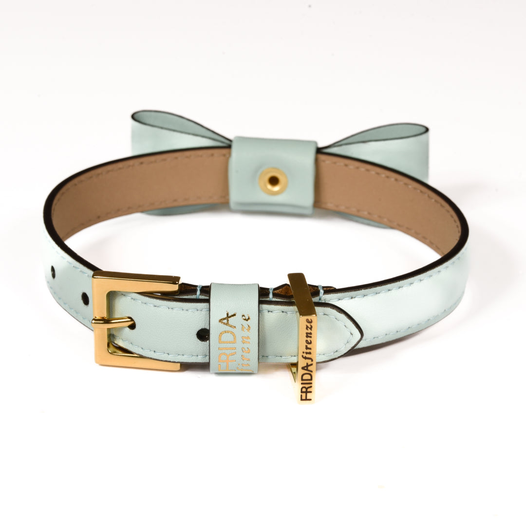 Leather Dog Collar in Cloud - Rock Bow, Made in Italy