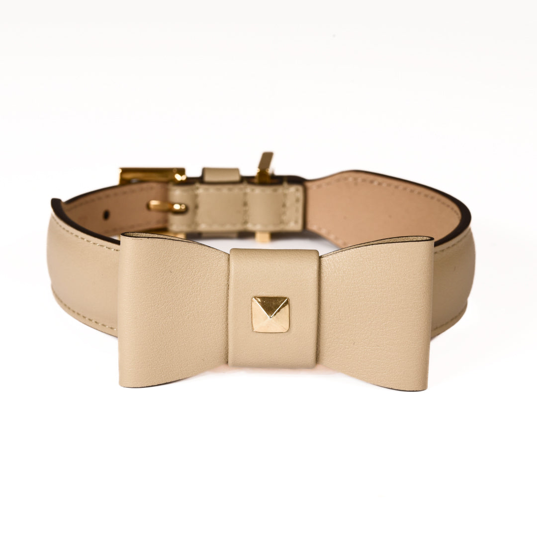Leather Dog Collar in Mud - Rock Bow, Made in Italy