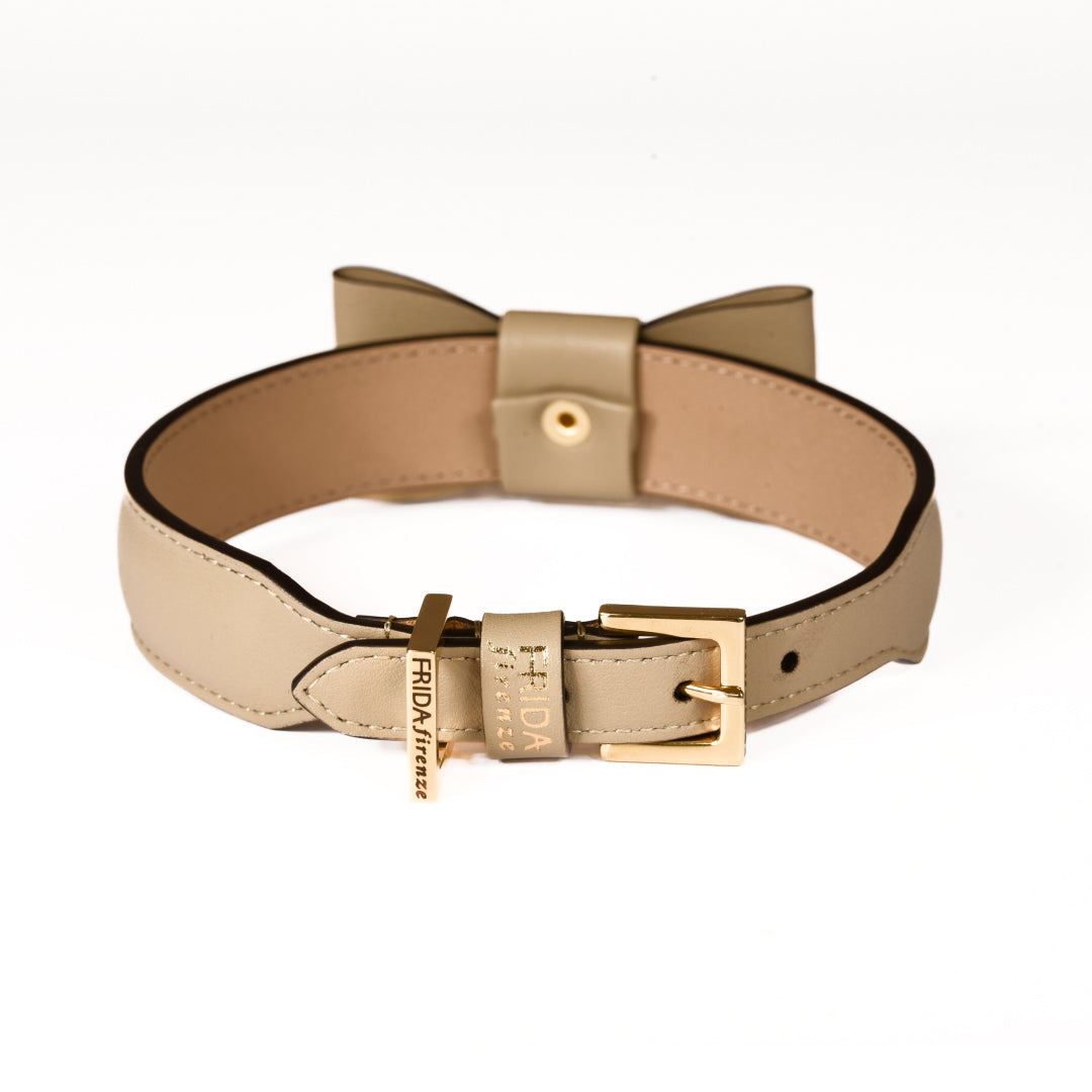 Leather Dog Collar in Mud - Rock Bow, Made in Italy