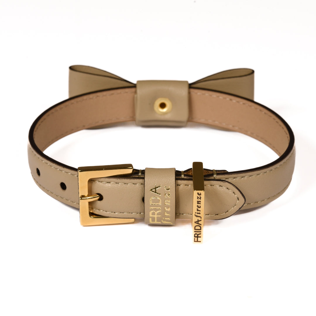 Leather Dog Collar in Mud - Rock Bow, Made in Italy