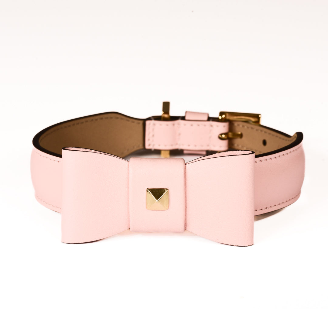Leather Dog Collar in Pink - Rock Bow, Made in Italy