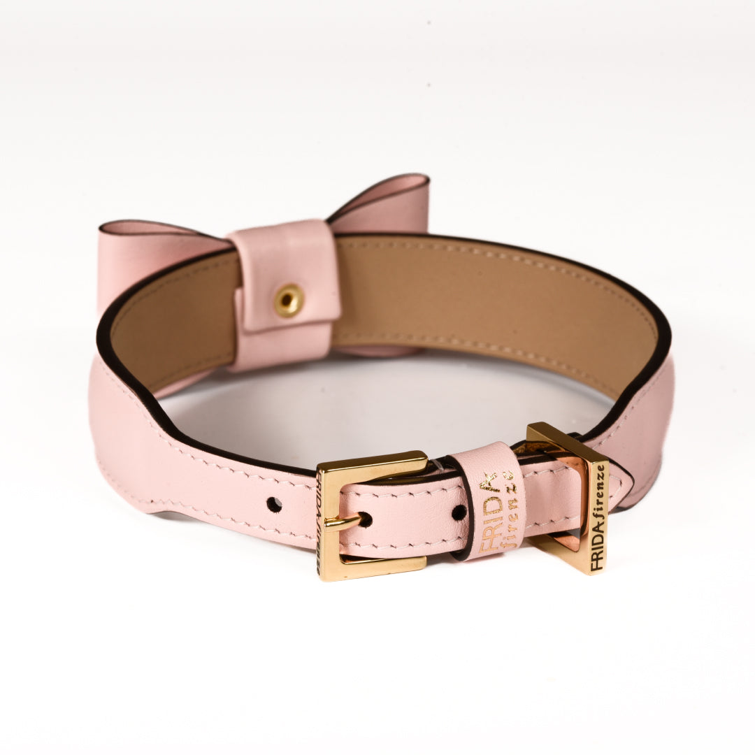 Leather Dog Collar in Pink - Rock Bow, Made in Italy
