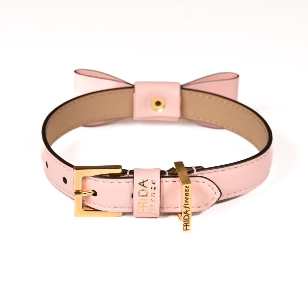 Leather Dog Collar in Pink - Rock Bow, Made in Italy