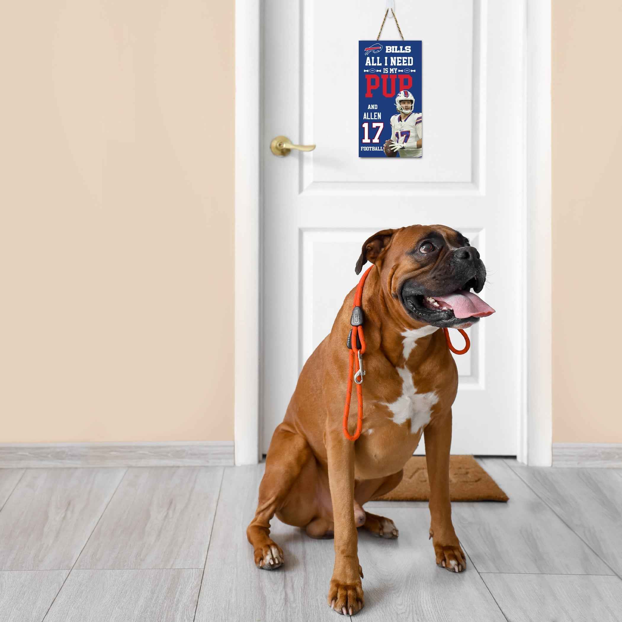JOSH ALLEN (BUF) "ALL I NEED IS MY PUP AND FOOTBALL" SIGN