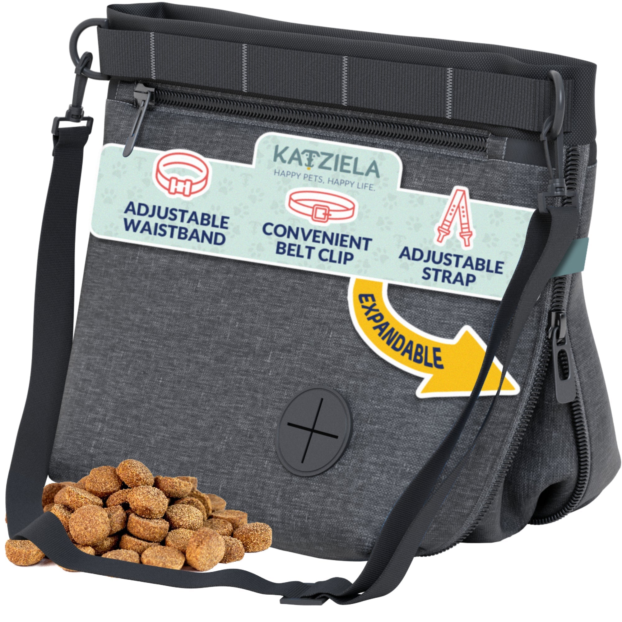 Katziela Expandable Pet Treat Pouch - Hands Free Dog Treat Pouch, Quick Access Magnet Closure - Anti Spill Dog Treat Bag - Treat Pouches for Pet Training, Adjustable Shoulder Strap & Belt Clip