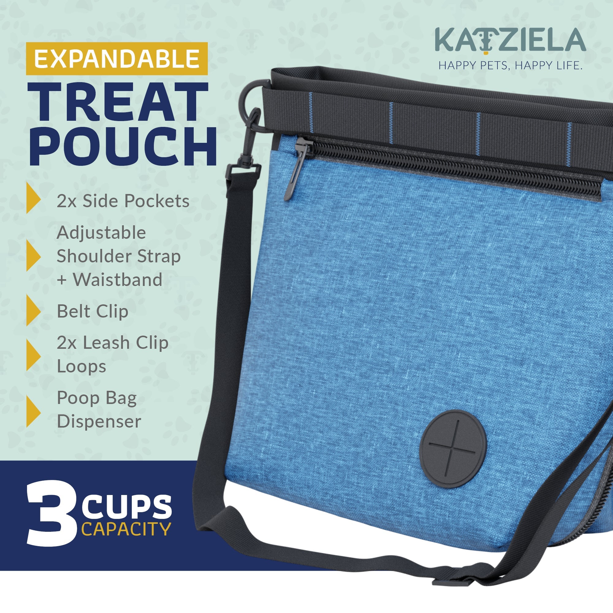 Katziela Expandable Pet Treat Pouch - Hands Free Dog Treat Pouch, Quick Access Magnet Closure - Anti Spill Dog Treat Bag - Treat Pouches for Pet Training, Adjustable Shoulder Strap & Belt Clip