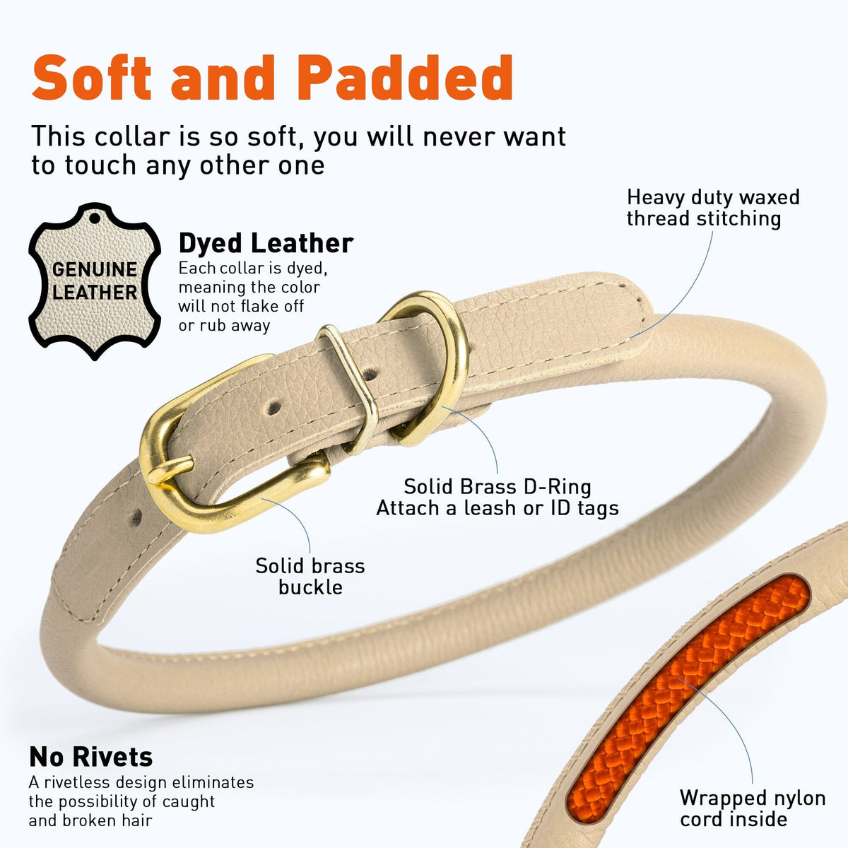Dogline Soft Rolled Leather Dog Collar with Brass Hardware